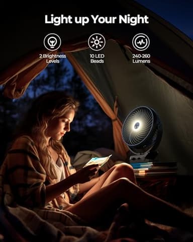 Koonie 10000mAh Portable Clip on Fan with LED Lantern and Hook, 8'' Battery Operated Desk Fan, Quiet Camping Fan with LED Digital Display, 360° Rotation & 3 Speeds for Travel Tent Gym Treadmill - Image 6