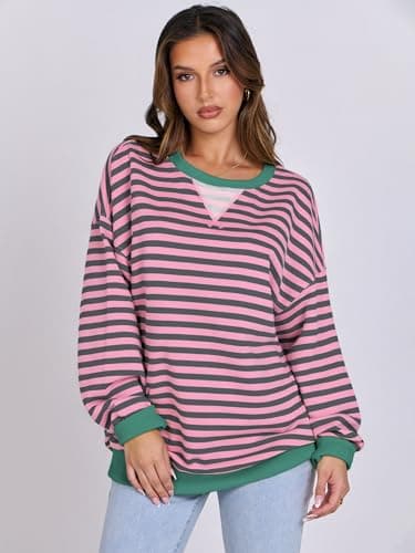 ANRABESS Women Striped Sweatshirts Oversized Crewneck Long Sleeve Shirts Y2K Pullover Top 2025 Fall Outfits Fashion Clothes Grey Pink X-Large - Image 2