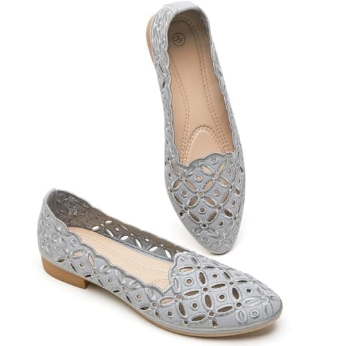 BABUDOG Womens Flats,Black and White Dress Flats with Flower Eyelets,Breathable Ballet Flats(Light Grey.US8) - Image 1