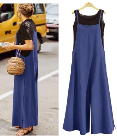 YESNO Women Casual Loose Long Bib Pants Wide Leg Jumpsuits Baggy Cotton Rompers Overalls with Pockets (XS PZZTYP2 Navy Blue) - Image 3