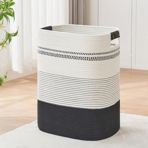 AINUOQI Laundry Basket with Handles - Blanket Basket & Hampers for Bedroom Aesthetic, Laundry Hamper & Blanket Storage for Living Room, Clothes Hamper, Tall, Large 17" x 14" x 22”, Black & White - Image 1