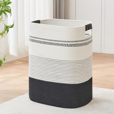 AINUOQI Laundry Basket with Handles - Blanket Basket & Hampers for Bedroom Aesthetic, Laundry Hamper & Blanket Storage for Living Room, Clothes Hamper, Tall, Large 17" x 14" x 22”, Black & White - Image 1