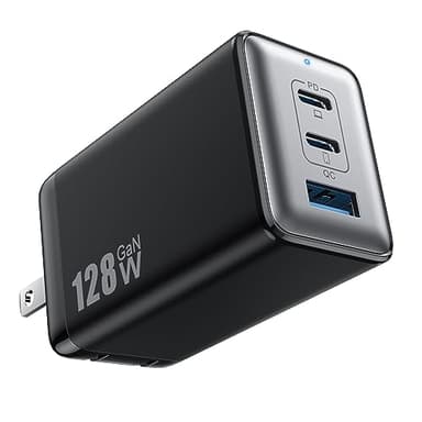 128W USB C Wall Charger,GaN III 3-Port Fast Charging Station,PD QC Foldable Charger Block Portable 65W Laptop Adapter for MacBook Pro/Air,iPad Pro,Galaxy S23,Dell XPS 13,iPhone 16/15/Pro etc - Image 1