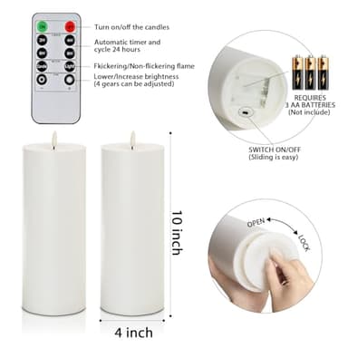 5plots 4" x 10" Waterproof Outdoor Flameless Candles Battery Operated LED Large Pillar Candles with Remote and Timer for Indoor Outdoor Lanterns, Long Lasting, White, Set of 2 - Image 7