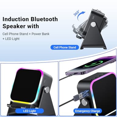 Induction Speaker with Phone Stand 5 in 1 Wireless Induction Bluetooth Audio for iPhone Android Phone Speakers Amplifier with Rechargeable Colorful Light, Birthday Gifts for Men Women Teens (Black) - Image 5