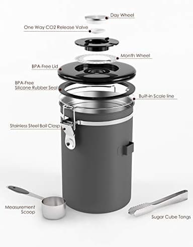 HAIOOU Airtight Coffee Canister, 22OZ Large Stainless Steel Coffee Bean Storage Container with Date Tracker, Measuring Scoop, CO2 Releasing Valves and Mini Tongs for Beans, Grounds and more - Gray - Image 7