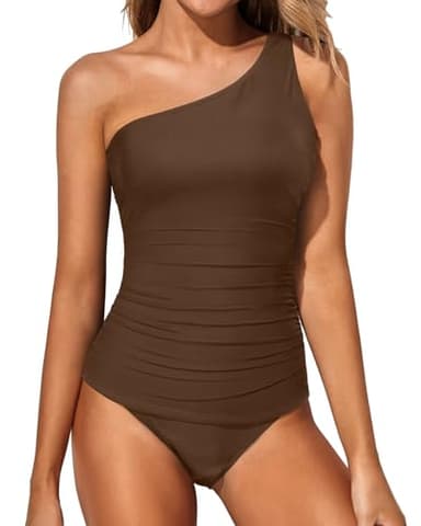 Tempt Me Brown Two Piece Tankini Set Swimsuits for Women Tummy Control Bathing Suit One Shoulder Swimwear with Bikini Bottoms M - Image 1