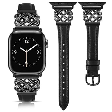 TOYOUTHS Compatible with Apple Watch Bands Women 38/40/41/42mm Dressy Slim Leather Strap with Designer Celtic Knot Interlock Buckle Bracelet for iWatch Series 11 10 9 8 7 6 5 4 SE 3 2 1, Black - Image 1