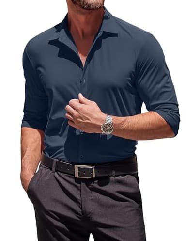 COOFANDY Men's Wrinkle Free Shirts Long Sleeve Slim Fit Dress Shirt Casual Button Down Shirt Dark Blue - Image 3