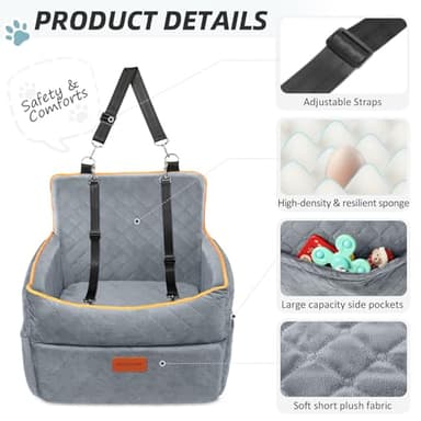 HEGGCOOE Dog Car Seat for Small Medium Dogs, Memory Foam Puppy Dog Booster Seat with Thick Cushion for Dogs Under 35lbs, Detachable Washable Pet Car Seat Travel Bed with Storage Pockets,2 Safety Belts - Image 4