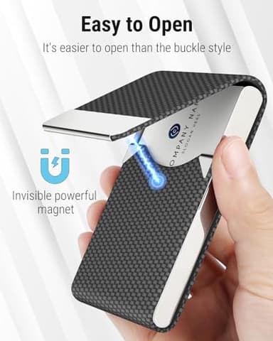 MaxGear Business Card Holder, PU Leather & Stainless Steel Business Card Case for Men or Women, Slim Name Cards Holder RFID Blocking Credit Cards Carrier with Magnetic Closure, Black Carbon - Image 3