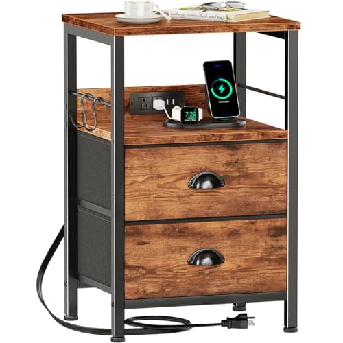 Furologee End Table with Charging Station, Nightstand with Fabric Drawers, Side Table with USB Ports & Outlets, Night Stand with Storage Shelf & Hooks, for Living Room/Bedroom, Rustic Brown - Image 1