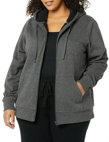 Amazon Essentials Women's Sherpa-Lined Fleece Full-Zip Hooded Jacket (Available in Plus Size), Charcoal Heather, Large - Image 1