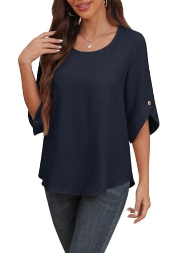 Askyes Women’s Chiffon Shirts 3/4 Sleeve 2025 Fashion Formal Blouses Summer Loose Fit Blouse Tops,Navy Blue,L - Image 1