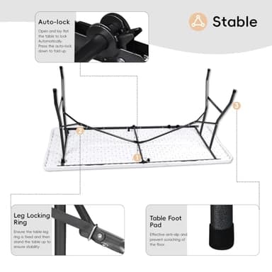 Folding Table 6FT HDPE 6 Foot Foldable Table Portable Banquet Surface Fold-in-Half Desk Utility for Working Meeting Parties, Picnic, Camping, Weddings, Catering, Garden Dining-White - Image 7
