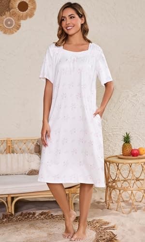 Kabento Short Sleeve Houe Dresses for Women with Pockets, White Pink Flowers, Large - Image 3