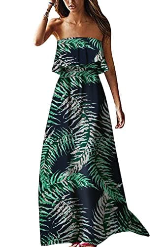 ZMPSIISA Women's Summer Off The Shoulder Maxi Dress Ruffle Strapless Blue White Porcelain Boho Casual Loose Long Dresses(A-Leaves Navy,X-Large) - Image 1