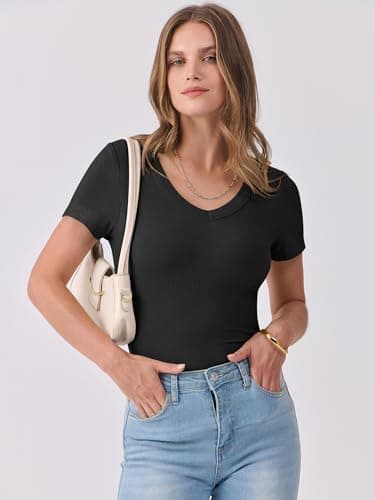 ANRABESS Women Short Sleeve V Neck Ribbed Knit Fitted Shirts Basic Tees Tops 2025 Summer Casual T-Shirts Going Out Outfits Black XX-Large - Image 3
