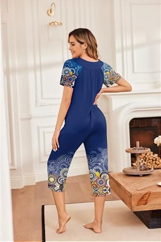 Ekouaer Capri Pajamas Short Sleeve Mumu Pjs Sets 2 Pieces Pleated Top and Capri Pants Sleepwear Loungewear for Women Blue Print Large - Image 2