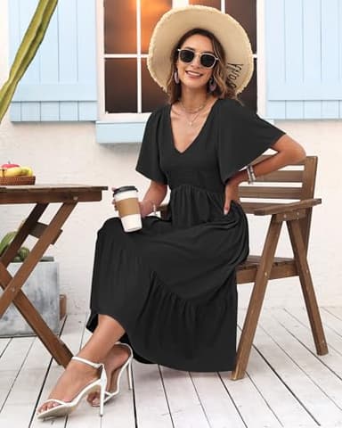 AUSELILY Women's Summer Empire Waist Dress Smocked Flutter Short Sleeve V Neck Midi Dresses 2025 New Black 2XL - Image 5