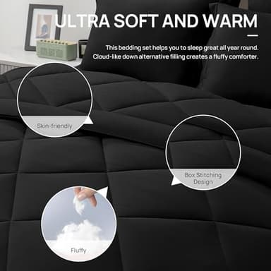 Love's cabin King Size Comforter Set Black, 7 Pieces King Bed in a Bag, All Season Bedding Sets with 1 Comforter, 1 Flat Sheet, 1 Fitted Sheet, 2 Pillowcase and 2 Pillow Sham - Image 7