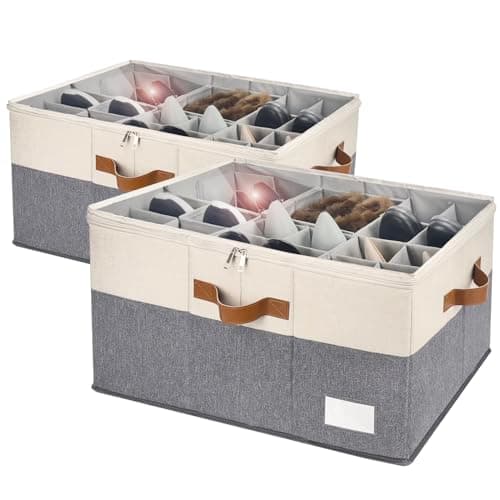 RONCHIL Shoe Organizer for Closet, Foldable Shoe Storage Bins with Clear Cover, Space Saving Shoes Holder with 4 Handles, Large Adjustable Shoe Box Storage Containers, Fits 12-24 Pairs, 2 Pack, Beige - Image 1