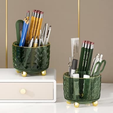 GOTOBA Dark Green Pen Pencil Holder for Desk, 360° Rotating Pen Organizer, Green Office Supplies, Cute Pen Holder, 6-Compartment Pencil Holder Rotating - Image 3