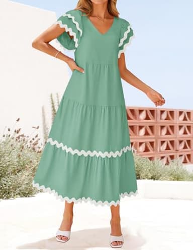 ZESICA Womens 2025 Summer Casual Midi Dresses V Neck Flutter Short Sleeve Ruffle Tiered A Line Flowy Beach Long Dress,Sage,Small - Image 2