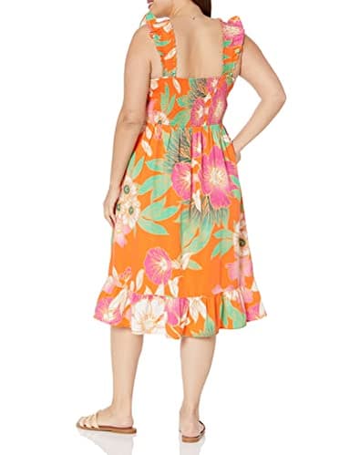 The Drop Women's Kimi Ruffled Shoulder Smocked Midi Dress, Fire Orange Floral, XS - Image 6