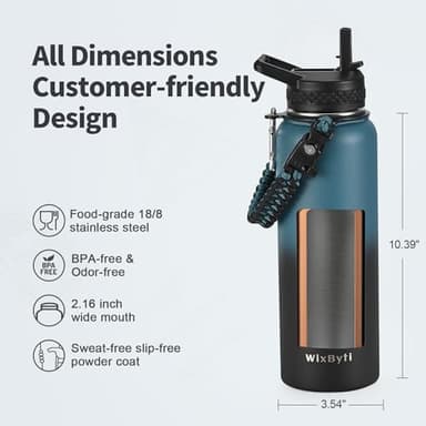 WixByti 40 oz Insulated Water Bottle with Straw (Cold for 48 Hrs), Stainless Steel Triple Wall Vacuum Sports Water Jug, Leakproof Hydro Cup Flask with Paracord Handle & Straw Spout Lids & DIY Stickers - Image 6