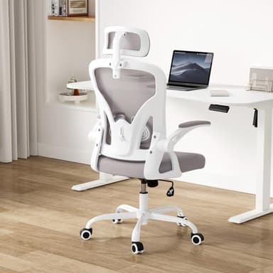 Farini Ergonomic Office Chair, Home Office Desk Chair with Headrest, High Back Computer Chair with Armrests and Adjustable Lumbar Support for Home Office Study Room, White & Gray - Image 7