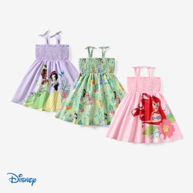 Disney Princess Tiana Snow White Toddler Girl Dress Bow Strap Floral Summer Clothes Smocking Beach Holiday Girls Sundress Lilac 4-5T - Image 7