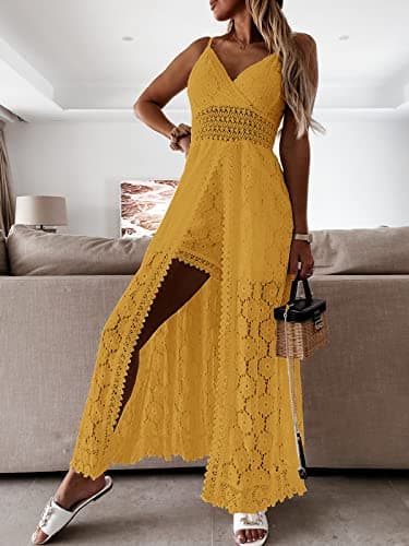 CUPSHE Summer Women Slip Ruching Smocking Jumpsuit Dress V Neck Speghetti Straps Backless Maxi High Low Yellow, L - Image 3