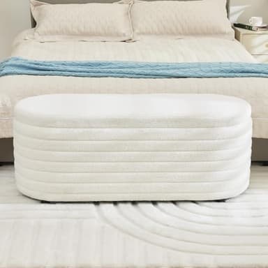 DM Furniture Storage Teddy Ottoman Bench Upholstered Fabric Storage Bench End of Bed Stool with Safety Hinge for Bedroom, Living Room, Entryway, Closet(44.5", White) - Image 8