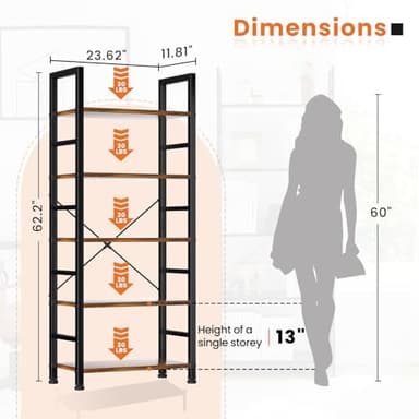 Sweetcrispy Book Shelf, 5 Tier Bookcase, Modern Tall Bookshelf for Garage Kit, CDs, Movies, Industrial Corner Storage Organizer for Bedroom Home Office Kitchen Living Room, Rustic Brown - Image 3