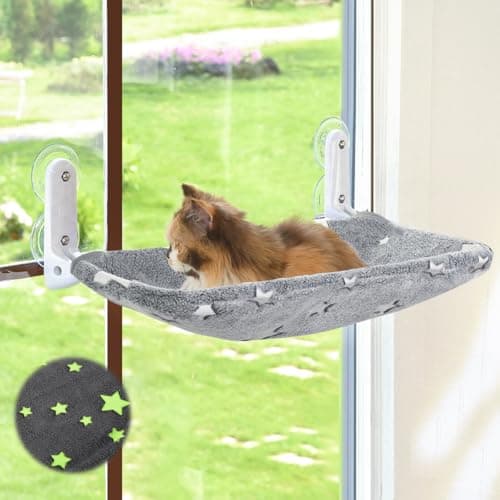 Zoratoo Cat Window Perch, Glow in The Dark Cordless Foldable Pet Hammock Bed for Window with Sturdy Metal Frame, Glowing Stars Pattern Resting Seat for Indoor Cats (Stars - M) - Image 1