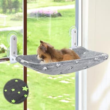 Zoratoo Cat Window Perch, Glow in The Dark Cordless Foldable Pet Hammock Bed for Window with Sturdy Metal Frame, Glowing Stars Pattern Resting Seat for Indoor Cats (Stars - M) - Image 1