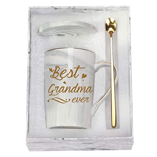 Best Grandma Ever Mug Coffee Gifts Birthday Mothers Day for from Granddaughter Grandson Grandchildren Grandkids 14 Ounce Gift Box with Spoon and Mat Gray - Image 1
