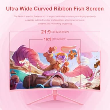 DJiEX 34 inch Pink Ultrawide Curved Computer Gaming Monitor 165Hz UWQHD 3440x1440,1500R -PIP,1ms (MPRT),HDR, 300nits, sRGB99%,FreeSync,HDMI2.0(TMDS) x2,DP1.4 x2,Eye Care,Support Wallmount 75x75mm - Image 7