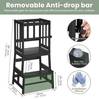 COSYLAND Kids Kitchen Step Stool Helper Baby and Toddler Multi-Function Step up Nursery Helper Stand with Safety Rail in Natural Bamboo, Strong and Lightweight (Black) - Image 4