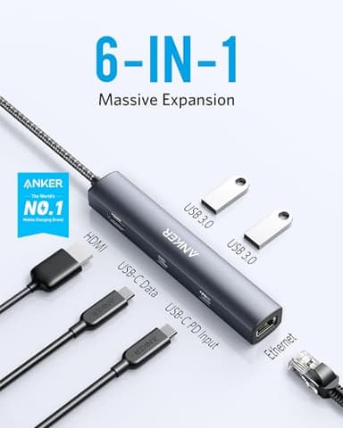Anker 6-in-1 USB C Hub with 65W Power Delivery, 4K HDMI, 1Gbps Ethernet, USB Ports for MacBook Air, iPad Pro, XPS, and More - Image 2