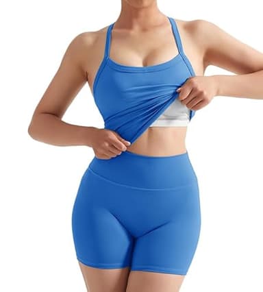 SUUKSESS Women 2 Piece Workout Sets High Waisted Tummy Control Biker Shorts Halter Tank Tops Backless Padded Sports Bras (Sapphire, M) - Image 4