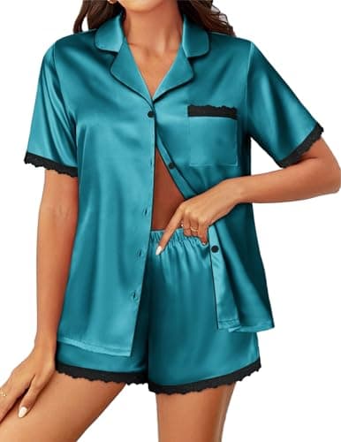 Ekouaer Womens Pajama Sets Short Sleeve Silk Pajamas Satin Button Down Pj Set Silk Pajamas Set Shorts,Large Blue Green - Image 1