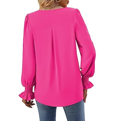 Funlingo Women Tops Dressy Causal Fashion Long Sleeve Chiffon Tunics Spring Loose Fit Work Blouse V Neck Office Shirt Clothing Rose Red XX-Large - Image 5