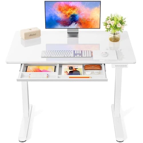 Marsail Glass Standing Desk with Drawer 37 x 22 Inches Stand up Desk Standing Desk Adjustable Height with One-Piece Tempered Glass Top, Ergonomic Home Office Desk with 4 Preset Heights White - Image 1