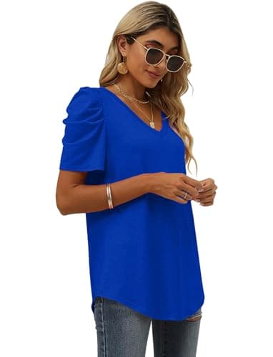 Plus Size Tops for Women Summer Blouse V Neck Short Sleeve T Shirts Puff Sleeve Royal Blue 2XL - Image 3