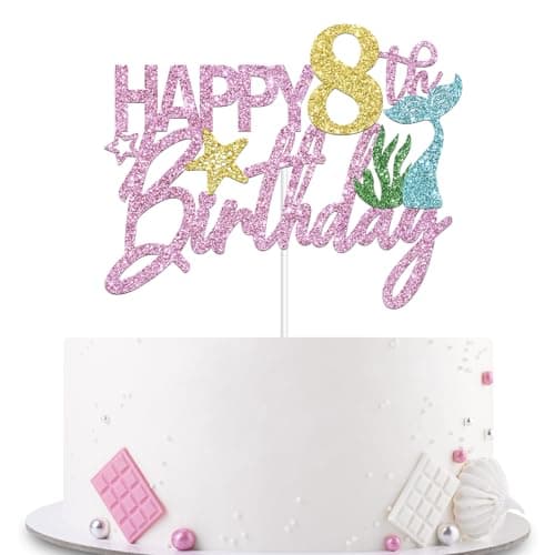 Mermaid Happy 8th Birthday Cake Topper, Pink Glitter Mermaid Eight Cake Decoration Ocean Theme for Girl 8 Years Old Birthday Party Cake Decor - Image 1
