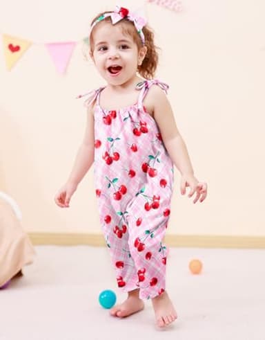Lindanina 4T Girls Summer Clothes Toddler Red Cherry Romper Jumpsuits Kids Outfits 5T Cute Adjustable Tie-Up Strap One Piece Sleeveless Soft Casual Jumper with Pocket Headband Beach - Image 4