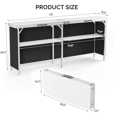 VINGLI 78" Portable Bar Table, 2-Tier Shelves, Mobile Bar Table for Events, Party, Camping, Picnic, Tradeshow, Indoor with Black Skirt - Image 3