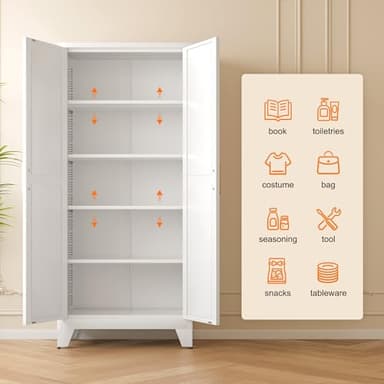 71" Tall Metal Storage Cabinet with 2 Doors and 4 Adjustable Shelves, 5-Tier Kitchen Pantry Storage Cabinet for Kitchen, Living Room, Dining Room and Office, White - Image 4